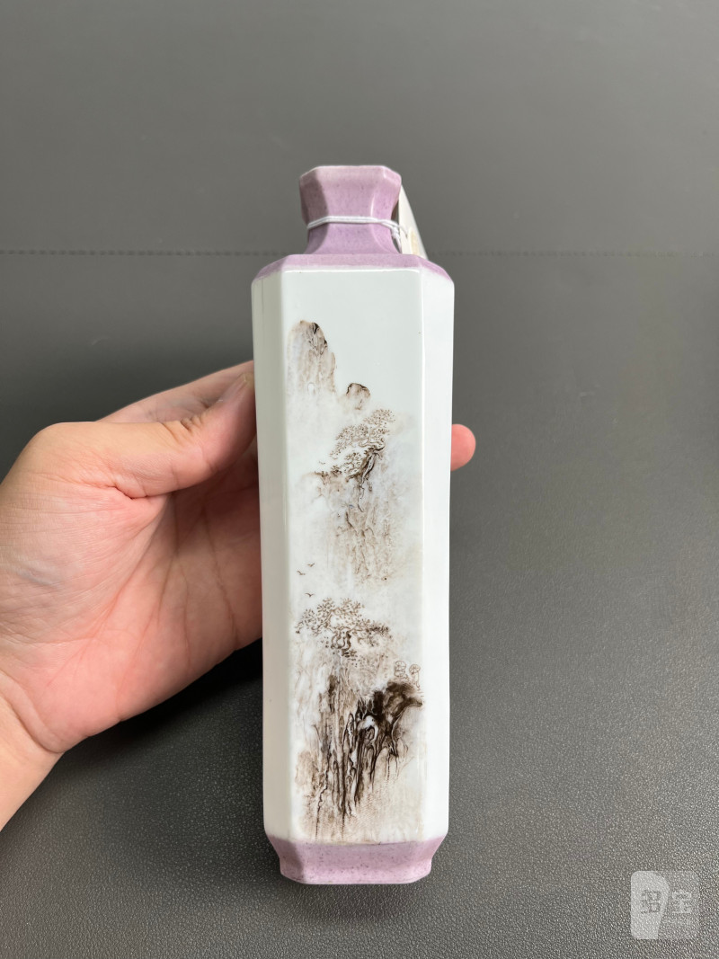 现代  王锡良墨彩山水诗文四方瓶 - 图6